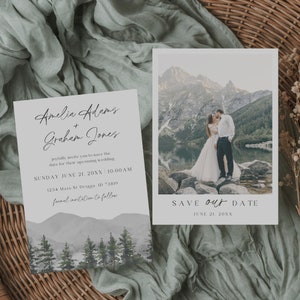 Minimalist Mountain Wedding Save The Date, Editable Template, Outdoor Wedding, Rustic Forest Wedding Announcement, Photo Save The Date image 5