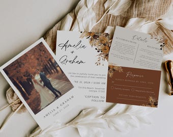 Fall Wedding Invitation Template, Printable Terracotta Wedding Invite, Digital Download, Boho Autumn Wedding Invitation, Editable In Canva