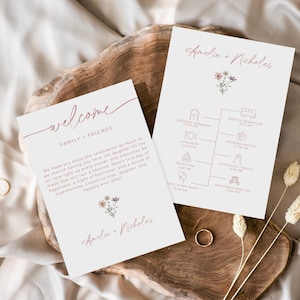 Minimalist Wildflower Spring Wedding Itinerary, Floral Welcome Bag Note, Editable Canva Template, Flower Wedding Timeline Card With Icons
