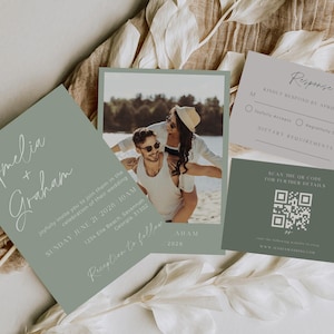 Sage Green Wedding Invitation Suite, Minimalist Wedding Invitation Template With Photo, Boho Wedding Invitation Set, Invitation Suite