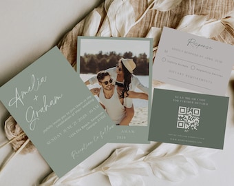 Sage Green Wedding Invitation Suite, Minimalist Wedding Invitation Template With Photo, Boho Wedding Invitation Set, Invitation Suite