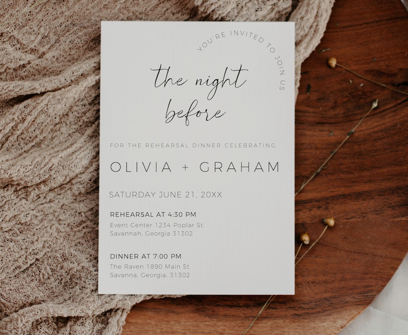 Minimalist Rehearsal Dinner Invitation, Wedding Rehearsal Invite Template, The Night Before Invitation, Editable In Canva, Boho Wedding image 1