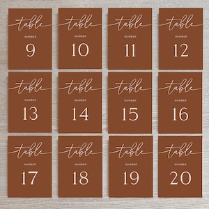 Modèle de carte numéro de Table en terre cuite, modèle de toile entièrement modifiable, décoration de réception de mariage automne, signe numéro de Table ton terre téléchargement