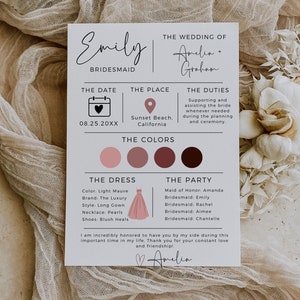 May include: A bridesmaid card with the name Emily, the wedding date 08.25.20XX, the location Sunset Beach, California, and the duties of the bridesmaid. The card also includes a dress illustration, color swatches, and a list of bridesmaids.