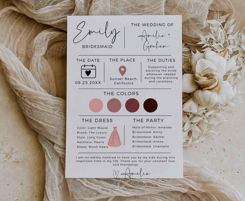 May include: A bridesmaid card with the name Emily, the wedding date 08.25.20XX, the location Sunset Beach, California, and the duties of the bridesmaid. The card also includes a dress illustration, color swatches, and a list of bridesmaids.
