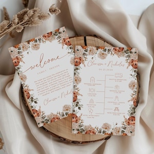 Bearbeitbare Hochzeit Willkommenstasche Notizvorlage, Boho Herbst Reiseplan Einsatz, Herbst Blumen Wochenende Timeline Karte, druckbare rustikale Canva Download