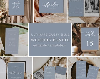 Dusty Blue Wedding Bundle Templates, Printable Wedding Stationary, Dusty Blue Wedding Invitation Set, Editable In Canva, Instant Download