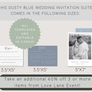 May include: Dusty blue wedding invitation suite templates in various sizes, including 3.5 x 5 inches and 5 x 7 inches. The templates are editable in Canva. The image shows a sample invitation with a photo of a couple.