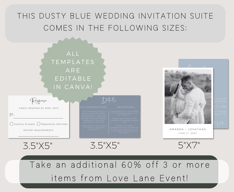 May include: Dusty blue wedding invitation suite templates in various sizes, including 3.5 x 5 inches and 5 x 7 inches. The templates are editable in Canva. The image shows a sample invitation with a photo of a couple.