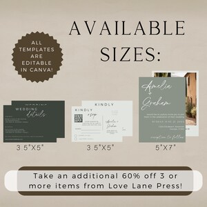 May include: A set of three wedding invitation templates in different sizes: 3.5 inches by 5 inches, 3.5 inches by 5 inches, and 5 inches by 7 inches. The templates are editable in Canva and feature a green and white color scheme. The text on the templates includes "Wedding Details", "Kindly RSVP", and "Amelia + Graham".