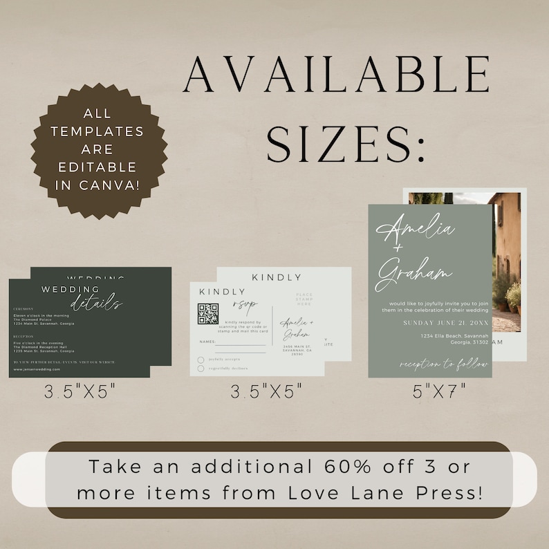 May include: A set of three wedding invitation templates in different sizes: 3.5 inches by 5 inches, 3.5 inches by 5 inches, and 5 inches by 7 inches. The templates are editable in Canva and feature a green and white color scheme. The text on the templates includes "Wedding Details", "Kindly RSVP", and "Amelia + Graham".