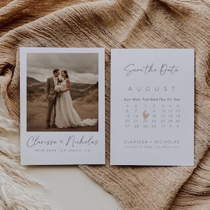 Speichern Sie die Datumskalender-Vorlage, minimalistische Hochzeitsansage mit Foto, vollständig bearbeitbare DIY Canva-Vorlage, Boho-Hochzeits-Briefpapier