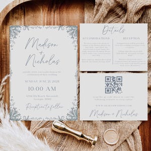 Convites de casamento vintage, casamento azul empoeirado, modelo editável, conjunto de convites de casamento, modelo de convite de casamento com foto