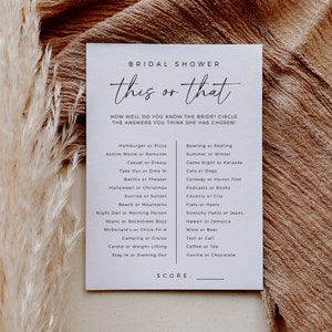 This Or That Bridal Shower Game, Editable Template, Bridal Shower Trivia, Modern Minimalist Game, Would She Rather, Fun Unique Wedding Game