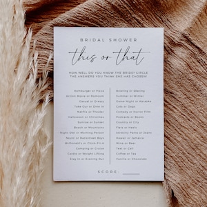 This Or That Bridal Shower Game, Editable Template, Bridal Shower Trivia, Modern Minimalist Game, Would She Rather, Fun Unique Wedding Game