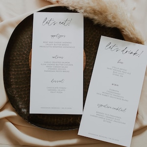 Plantilla de menú de boda, menú imprimible de barra y cena de boda, menú de cena de ensayo minimalista moderno, tarjeta de menú de barra de boda estilo boho