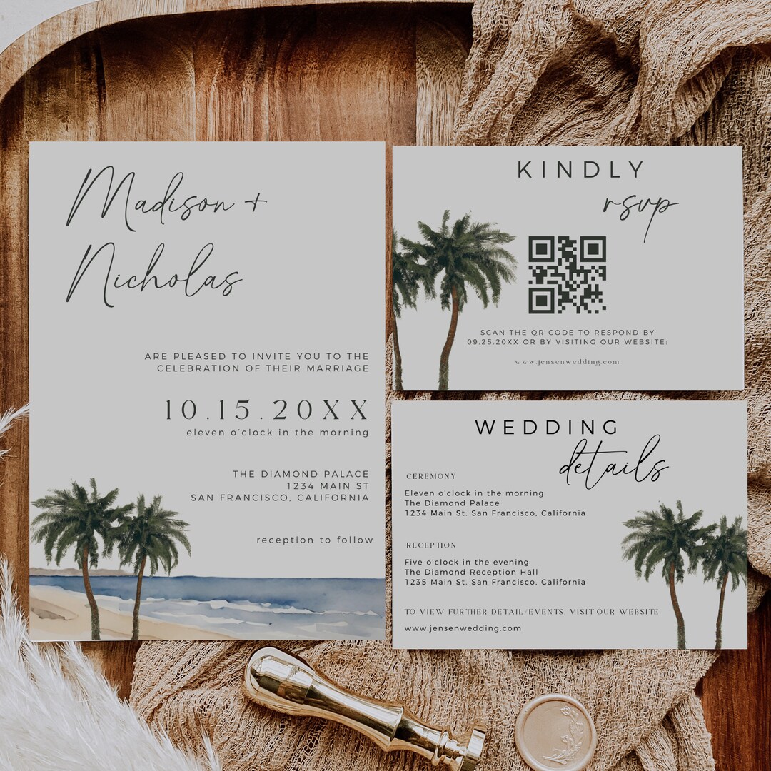 Beach Wedding Invitation, Editable Template, Tropical Wedding ...