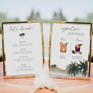 Enseigne tropicale pour boisson et menu de bar, cocktails signature de mariage palmiers, modèle d'enseigne personnalisée plage d'été, lot d'enseignes de mariage
