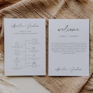 Itinerário de casamento minimalista, nota de bolsa de boas-vindas de casamento, modelo editável, cronograma de casamento moderno, download instantâneo, carta de boas-vindas Boho
