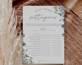 Dusty Blue Floral Bridal Shower Scattergories Game, Fully Editable Template, Digital Download, Printable Bridal Shower Decor, Edit In Canva