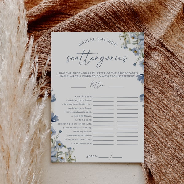 Dusty Blue Floral Bridal Shower Scattergories Game, Fully Editable Template, Digital Download, Printable Bridal Shower Decor, Edit In Canva