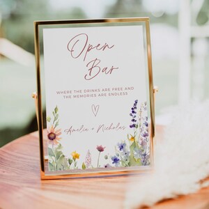 Letrero de barra libre con flores silvestres en acuarela, plantilla de letrero floral para cóctel de boda, bebidas por nuestra cuenta, decoración de barra de recepción de primavera, letrero de boda DIY