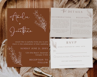 Wedding Invitation Template Terracotta, Modern Minimalist, Invitation Suite, Fall Wedding Stationary Set, Editable Template, Edit In Canva