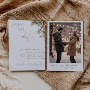 Weihnachten Save The Date Vorlage, druckbare Winter Hochzeit Briefpapier, Urlaub Save The Date Karte mit Foto, vollständig bearbeitbar in Canva