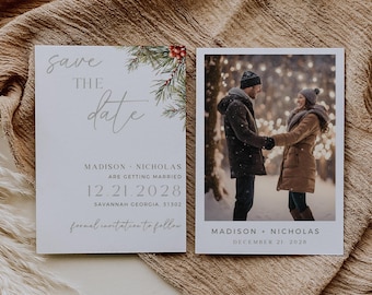Szablon zaproszenia na Boże Narodzenie Save The Date, drukowana zimowa papeteria ślubna, świąteczna karta Save The Date ze zdjęciem, w pełni edytowalna w Canva