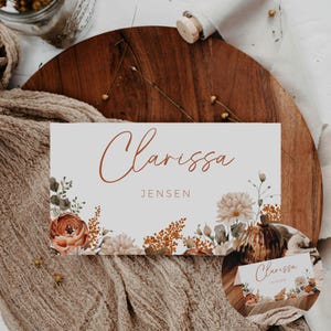 Herbst Blumen Name Kartenvorlage, Boho Hochzeit Tischkarte Vorlage, druckbare Hochzeit Briefpapier, vollständig bearbeitbare Herbst rustikale Tischkarte