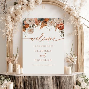 Placa de boas-vindas editável para casamento no outono, pôster para cerimônia floral de outono, modelo rústico em tons terrosos do Canva, decoração de entrada personalizada para impressão