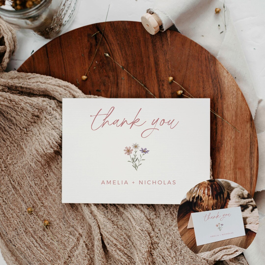Minimalist Wildflower Wedding Thank You Card, Editable Canva Template ...