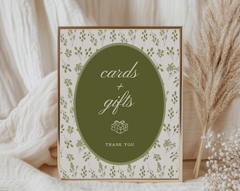 Vintage Green Cards And Gifts Sign, Modern Wedding Gift Table Sign, Bohemian Printable Engagement Sign, Editable Canva Template Stationery