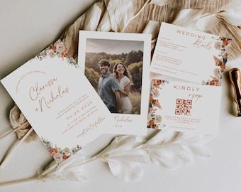 Rustic Fall Wedding Invitation Suite With Photo, Editable DIY Canva Template, Printable Wedding Stationery, Autumn Floral Invite Set Bundle