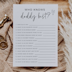 Quem conhece melhor o papai, quão bem você conhece o modelo de jogo do papai, cartão de jogo minimalista para o dia dos pais, quiz de curiosidades sobre o papai, jogo para chá de bebê