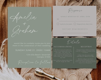 Sage Green Wedding Invitation, Bohemian Wedding Invitation Template Suite, Wedding Invitation Set, Custom Printable Invitation With Photo