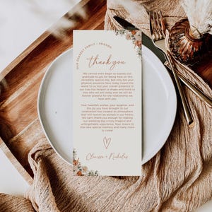 Editable Wedding Thank You Menu Card, Printable Fall Floral Place Setting Napkin Note, Rustic Autumn Reception Table Stationery Template