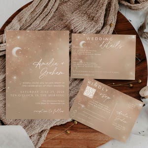 Invitación de boda celestial, plantilla editable, conjunto de invitaciones de boda, invitación de luna bohemia, edición en Canva, descarga instantánea, código QR