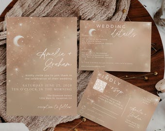 Celestial Wedding Invitation, Editable Template, Wedding Invite Suite, Bohemian Moon Invitation, Edit In Canva, Instant Download, QR Code