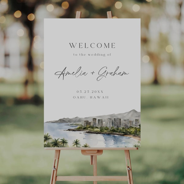 Hawaii Wedding Welcome Sign, Editable Template, Wedding Entrance Sign, Edit In Canva, Beach Wedding Decor, Tropical Wedding Signage