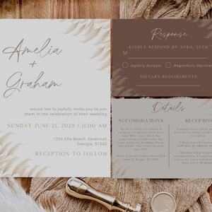 Modèle de faire-part de mariage automne avec photo, faire-part de mariage en terre cuite, herbe de la pampa, faire-part de mariage, suite d'invitations automne