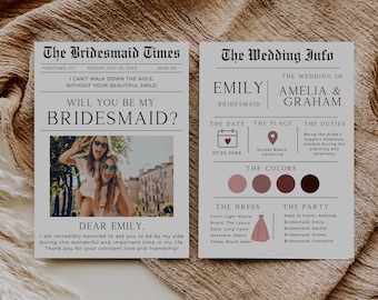 Newspaper Bridesmaid Proposal, Bridesmaid Info Card, Printable Maid Of Honor Proposal, Will You Be My Bridesmaid, Editable Template