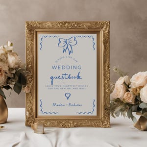 Hand Drawn Blue Wedding Guest Book Sign, Fully Editable DIY Canva Template, Whimsical Reception Signage, Printable Retro Wavy Stationery
