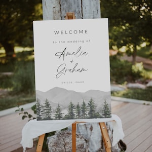 Plantilla de cartel de bienvenida para boda en la montaña, cartel de entrada para boda, póster de boda en el bosque, boda en el pino, descarga instantánea, editable en Canva