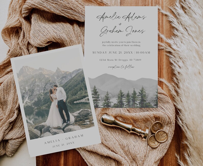 Mountain Wedding Invitation Template With Photo, Rustic Misty Forest Wedding, Printable Summer Wedding Invite, Bohemian Wedding Stationary image 2