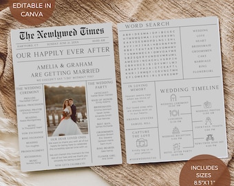 Newspaper Wedding Program Template, Fun Unique Wedding Program With Timeline, Printable Infographic Wedding Program, Wedding Program Photo