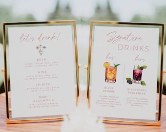 Minimalist Wildflower Signature Drink Sign, Editable Wedding Cocktail Bar Menu Template, His and Hers Drink Sign, Custom Signature Cocktails