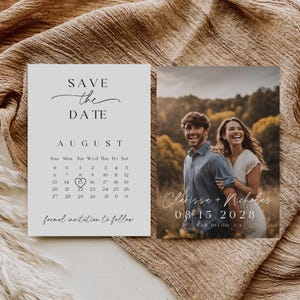May include: A wedding announcement card with a photo of a smiling couple. The card includes the text "Save the Date" and a calendar highlighting August 15, 2028. The names Clarissa and Nicholas are also featured.