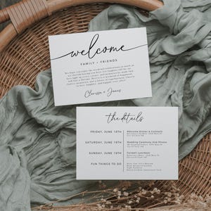 Convite de boas-vindas editável para casamento, modelo minimalista para inserir boas-vindas, itinerário de casamento para impressão, cartão de detalhes do Canva, download instantâneo