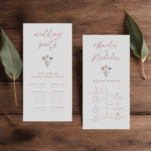May include: Wedding ceremony schedule with floral accents. The schedule includes the wedding ceremony, wedding photos, luncheon, reception, cocktails and toasts, and a hotel after party. The wedding ceremony is at 11:00 AM, wedding photos are at 11:30 AM, luncheon is at 12:30 PM, reception is at 3:00 PM, cocktails and toasts are at 5:00 PM, and the hotel after party is at 10:00 PM.
